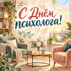 День психолога — открытка «С Днём психолога!» с уютным кабинетом и креслами у окна