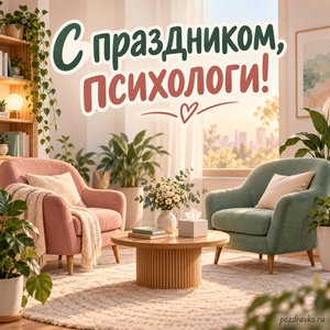 День психолога — открытка «С праздником, психологи!» с уютными креслами и комнатными растениями