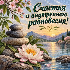 День психолога — открытка «Счастья и внутреннего равновесия!» с камнями у спокойной воды и цветком