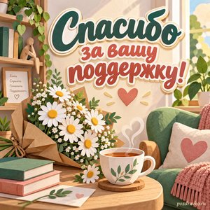 День психолога — открытка «Спасибо за вашу поддержку!» с чашкой чая и букетом ромашек