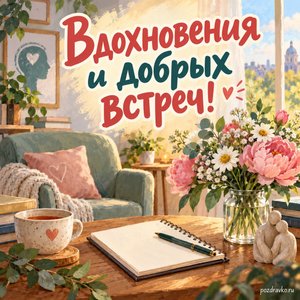 День психолога — открытка «Вдохновения и добрых встреч!» с блокнотом без надписей и живыми цветами
