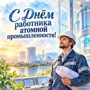 День атомщика — открытка «С Днём работника атомной промышленности!» с инженером в безопасном светлом помещении