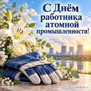 День атомщика — открытка «С Днём работника атомной промышленности!» с защитными перчатками и белыми цветами