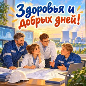 День атомщика — открытка «Здоровья и добрых дней!» с коллегами у рабочего стола