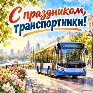 День работника автомобильного и городского пассажирского транспорта — открытка «С праздником, транспортники!» с ярким автобусом на солнечной городской улице
