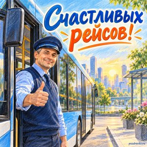 День работника автомобильного и городского пассажирского транспорта — открытка «Счастливых рейсов!» с водителем у чистого автобуса