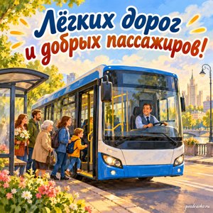 День работника автомобильного и городского пассажирского транспорта — открытка «Лёгких дорог и добрых пассажиров!» с городским автобусом на остановке День работника автомобильного и городского пассажирского транспорта — открытка «Лёгких дорог и добрых пассажиров!» с городским автобусом на остановке