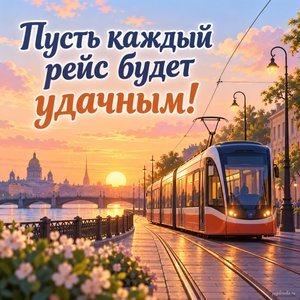 День работника автомобильного и городского пассажирского транспорта — открытка «Пусть каждый рейс будет удачным!» с трамвайными рельсами в тёплом закатном свете