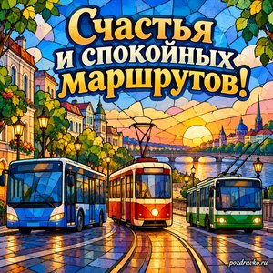 День работника автомобильного и городского пассажирского транспорта — открытка «Счастья и спокойных маршрутов!» с автобусом, трамваем и троллейбусом в уютном городе
