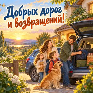 День работника автомобильного транспорта — открытка «Добрых дорог и возвращений!» с семейным автомобилем возле уютного дома
