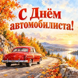 День работника автомобильного транспорта — открытка «С Днём автомобилиста!» с красным ретроавтомобилем на осенней дороге
