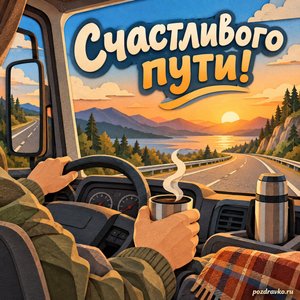 День работника автомобильного транспорта — открытка «Счастливого пути!» с уютным салоном автомобиля и термосом