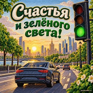 День работника автомобильного транспорта — открытка «Счастья и зелёного света!» с зелёным светофором и автомобилем в городе