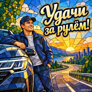 День работника автомобильного транспорта — открытка «Удачи за рулём!» с водителем у современного автомобиля