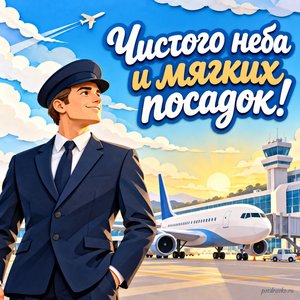 День гражданской авиации — открытка «Чистого неба и мягких посадок!» с пилотом у светлого аэродрома