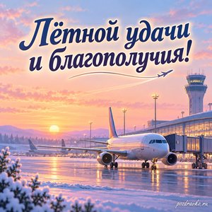 День гражданской авиации — открытка «Лётной удачи и благополучия!» с воздушной гаванью в зимнем рассветном свете
