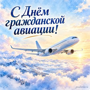 День гражданской авиации — открытка «С Днём гражданской авиации!» с пассажирским самолётом над зимними облаками без логотипов