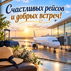 День гражданской авиации — открытка «Счастливых рейсов и добрых встреч!» с пассажирским самолётом у спокойного терминала