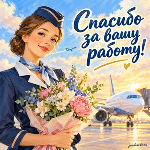 День гражданской авиации — открытка «Спасибо за вашу работу!» со стюардессой в нейтральной форме и букетом