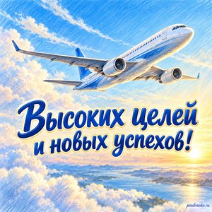 День гражданской авиации — открытка «Высоких целей и новых успехов!» с небом и изящным силуэтом авиалайнера