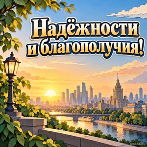 День работника органов безопасности — открытка «Надёжности и благополучия!» со спокойным городским пейзажем и солнечным рассветом