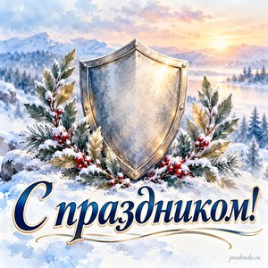 День работника органов безопасности — открытка «С праздником!» с нейтральным щитом без эмблем и зимними ветвями лавра