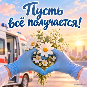 День скорой помощи — открытка «Пусть всё получается!» с руками в медицинских перчатках и белыми цветами День скорой помощи — открытка «Пусть всё получается!» с руками в медицинских перчатках и белыми цветами