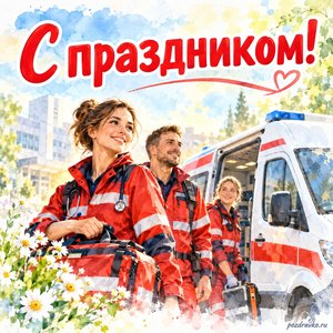 День скорой помощи — открытка «С праздником!» с бригадой медиков у машины без букв и эмблем День скорой помощи — открытка «С праздником!» с бригадой медиков у машины без букв и эмблем