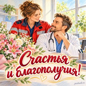 День скорой помощи — открытка «Счастья и благополучия!» с врачом и фельдшером в светлом кабинете День скорой помощи — открытка «Счастья и благополучия!» с врачом и фельдшером в светлом кабинете