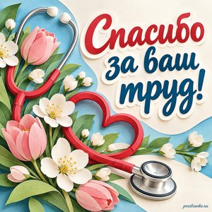 День скорой помощи — открытка «Спасибо за ваш труд!» с стетоскопом и весенними цветами День скорой помощи — открытка «Спасибо за ваш труд!» с стетоскопом и весенними цветами