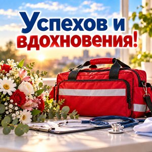 День скорой помощи — открытка «Успехов и вдохновения!» с медицинской сумкой без текста День скорой помощи — открытка «Успехов и вдохновения!» с медицинской сумкой без текста