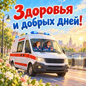 День скорой помощи — открытка «Здоровья и добрых дней!» с машиной скорой помощи на мирной городской улице День скорой помощи — открытка «Здоровья и добрых дней!» с машиной скорой помощи на мирной городской улице