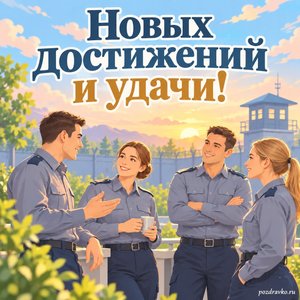 День работников УИС — открытка «Новых достижений и удачи!» с коллегами в нейтральной форме за спокойной беседой