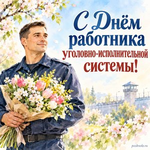 День работников УИС — открытка «С Днём работника уголовно-исполнительной системы!» с сотрудником в нейтральной форме и весенним букетом
