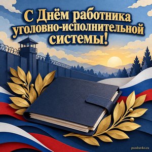 День работников УИС — открытка «С Днём работника уголовно-исполнительной системы!» с закрытой папкой и ветвями лавра