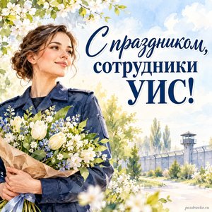 День работников УИС — открытка «С праздником, сотрудники УИС!» с сотрудником в нейтральной форме и весенним букетом