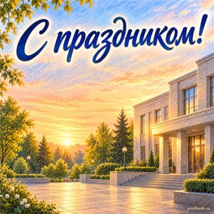 День работников УИС — открытка «С праздником!» с нейтральным общественным зданием на рассвете