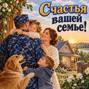 День работников УИС — открытка «Счастья вашей семье!» с семейным домом в мягком утреннем свете