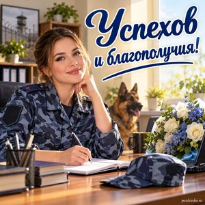 День работников УИС — открытка «Успехов и благополучия!» с сотрудницей у уютного рабочего стола