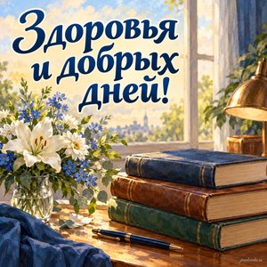 День работников УИС — открытка «Здоровья и добрых дней!» с книгами, ручкой и цветами