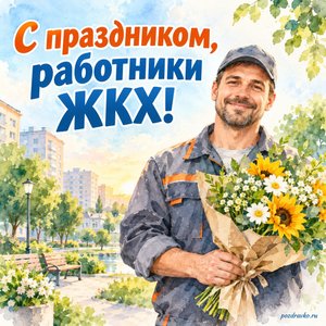 День работников ЖКХ — открытка «С праздником, работники ЖКХ!» со специалистом в нейтральной рабочей форме и букетом