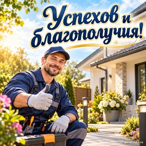 День работников ЖКХ — открытка «Успехов и благополучия!» с мастером у уютного светлого дома