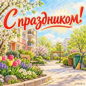 День работников ЖКХ — открытка «С праздником!» с солнечным городским двором и первыми цветами