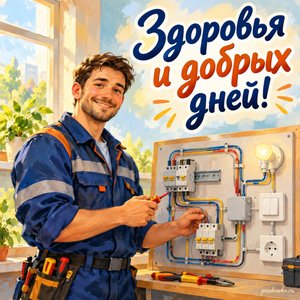 День работников ЖКХ — открытка «Здоровья и добрых дней!» с электриком у нейтрального учебного щита без надписей