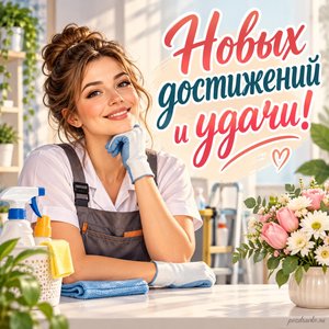 День работников ЖКХ — открытка «Новых достижений и удачи!» с работницей бытового обслуживания за чистым столом