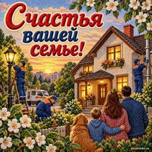 День работников ЖКХ — открытка «Счастья вашей семье!» с семейным домом и тёплыми светящимися окнами