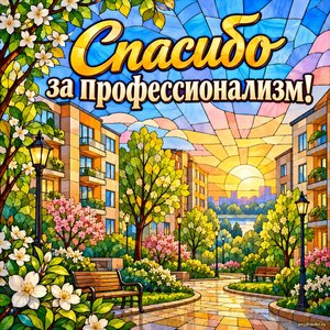 День работников ЖКХ — открытка «Спасибо за профессионализм!» с красивым жилым кварталом на весеннем рассвете