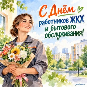 День работников ЖКХ — открытка «С Днём работников ЖКХ и бытового обслуживания!» со специалистом в нейтральной рабочей форме и букетом