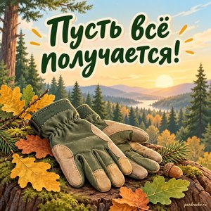 День лесника — открытка «Пусть всё получается!» с рабочими перчатками и листьями