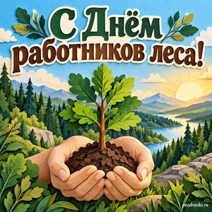 День лесника — открытка «С Днём работников леса!» с молодым деревом в ладонях